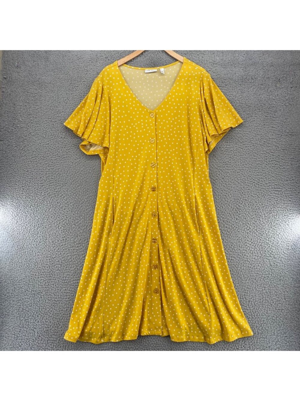 Susan Graver Dress Womens XL Yellow Polka Dot Liquid Knit Flutter Sleeve Travel